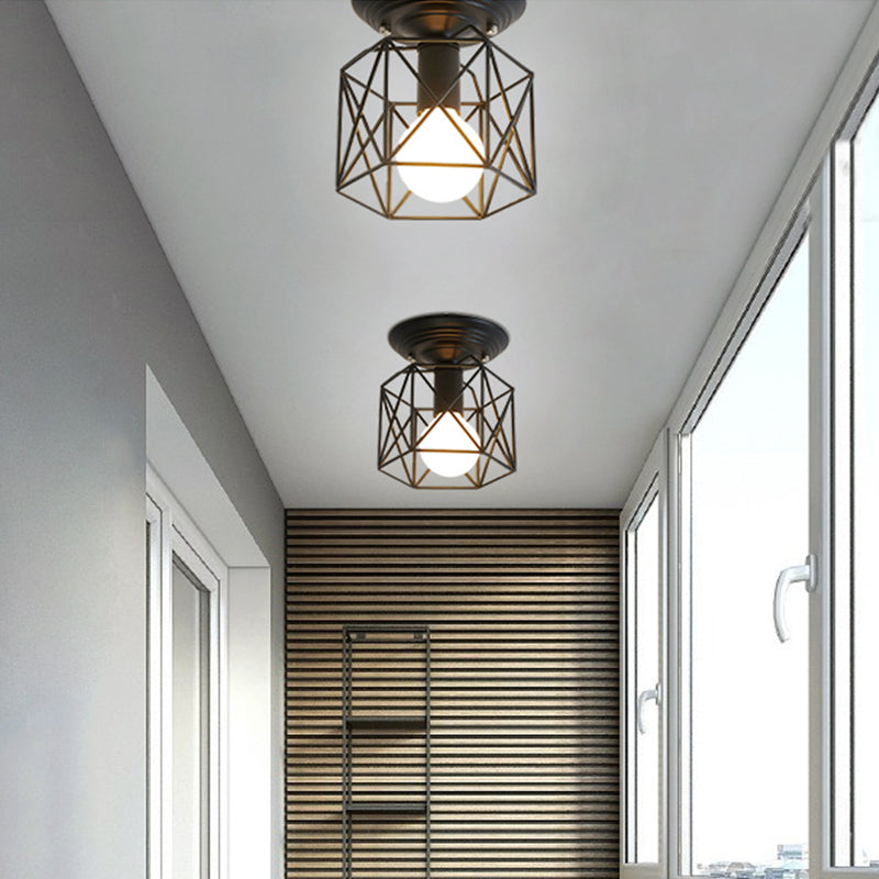 Black Caged Semi Flush Ceiling Light Industrial Iron 1-Light Corridor Flush Mount Light