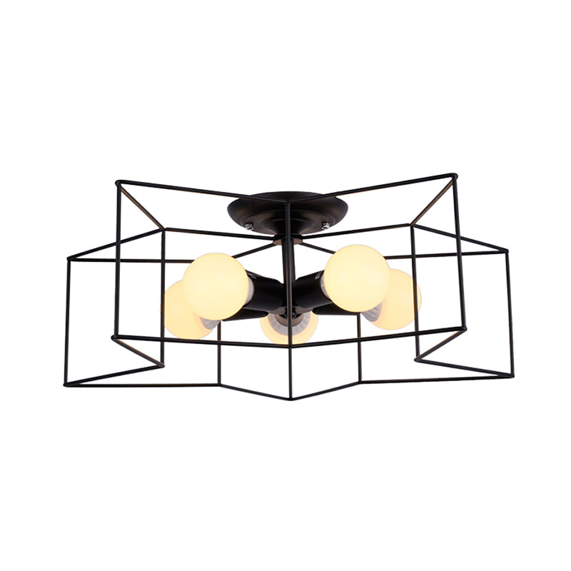 Black Caged Semi Flush Ceiling Light Industrial Iron 1-Light Corridor Flush Mount Light