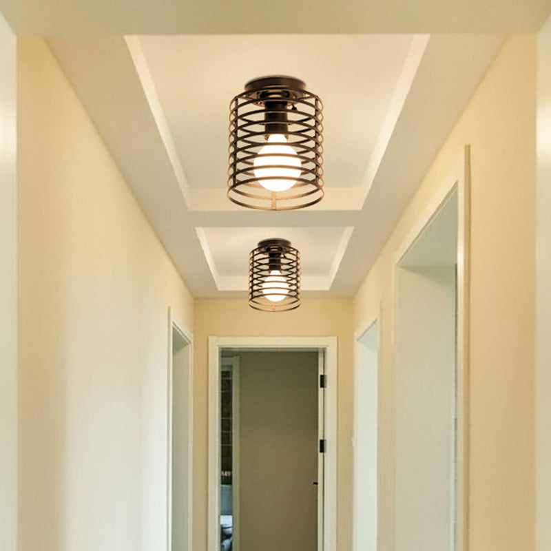 Black Caged Semi Flush Ceiling Light Industrial Iron 1-Light Corridor Flush Mount Light