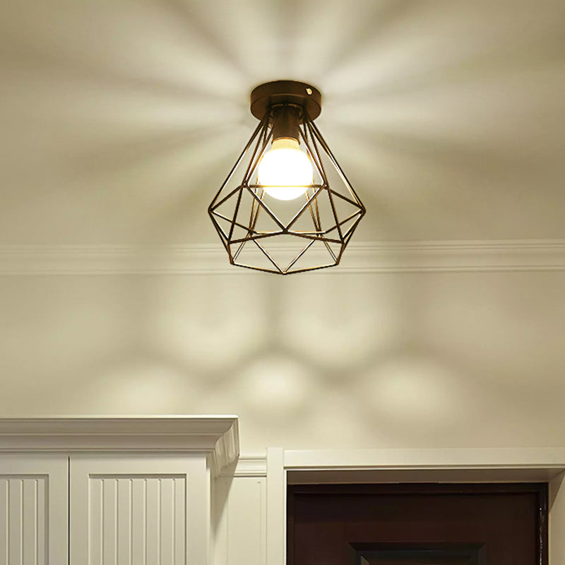 Black Caged Semi Flush Ceiling Light Industrial Iron 1-Light Corridor Flush Mount Light