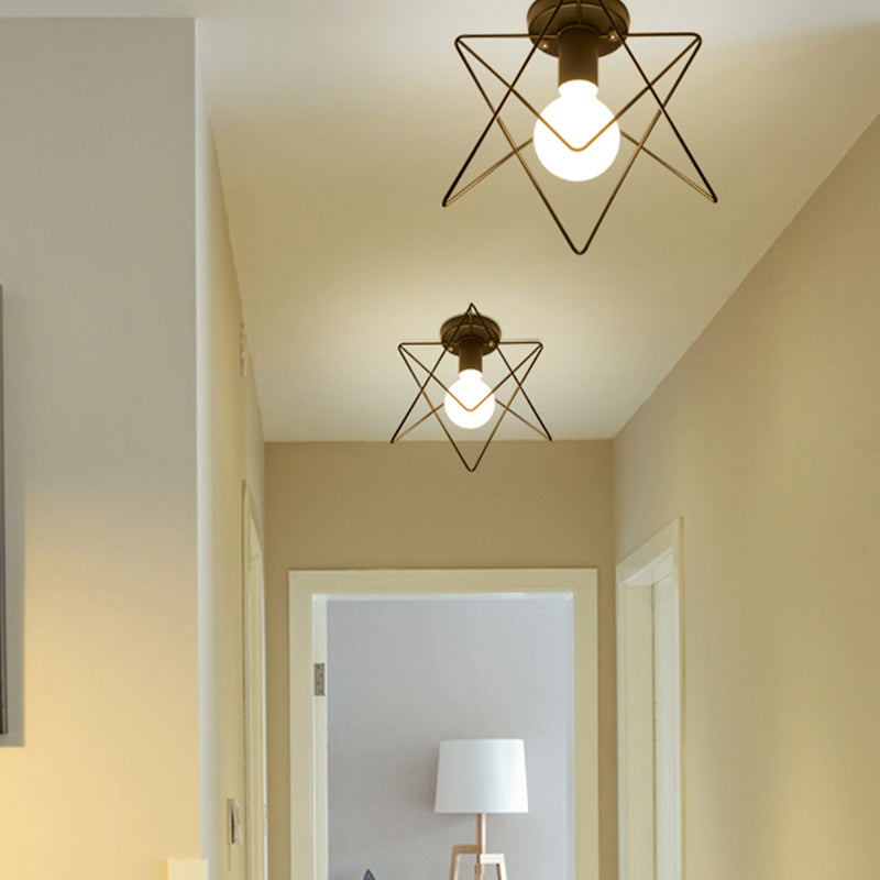 Black Caged Semi Flush Ceiling Light Industrial Iron 1-Light Corridor Flush Mount Light