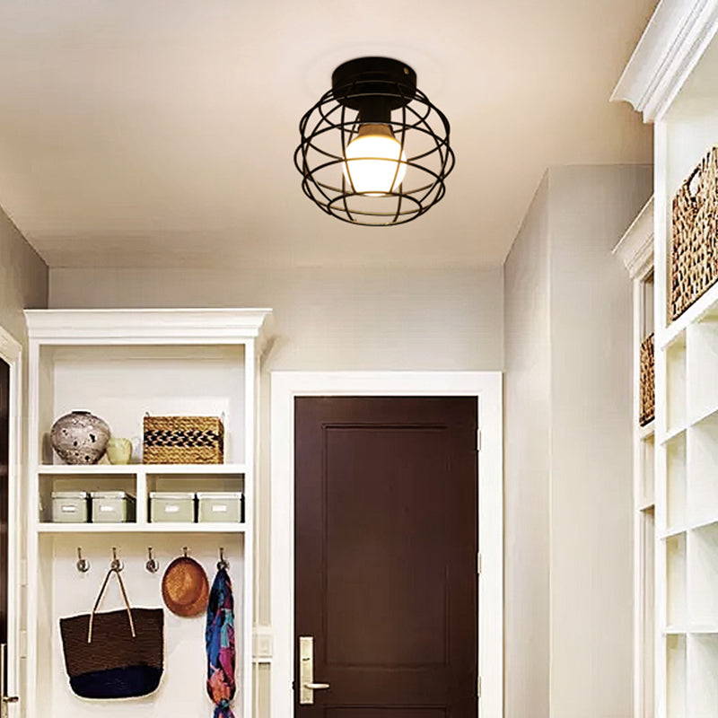 Black Caged Semi Flush Ceiling Light Industrial Iron 1-Light Corridor Flush Mount Light