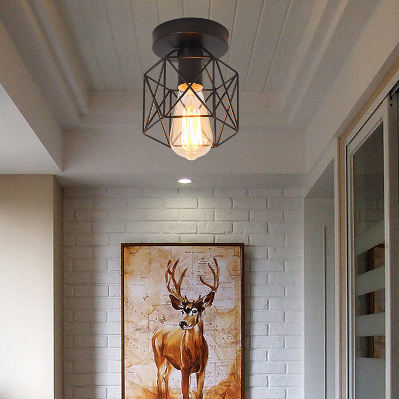 Hexagonal Balcony Ceiling Light Industrial Iron 1-Bulb Semi Flush Mount Light Fixture