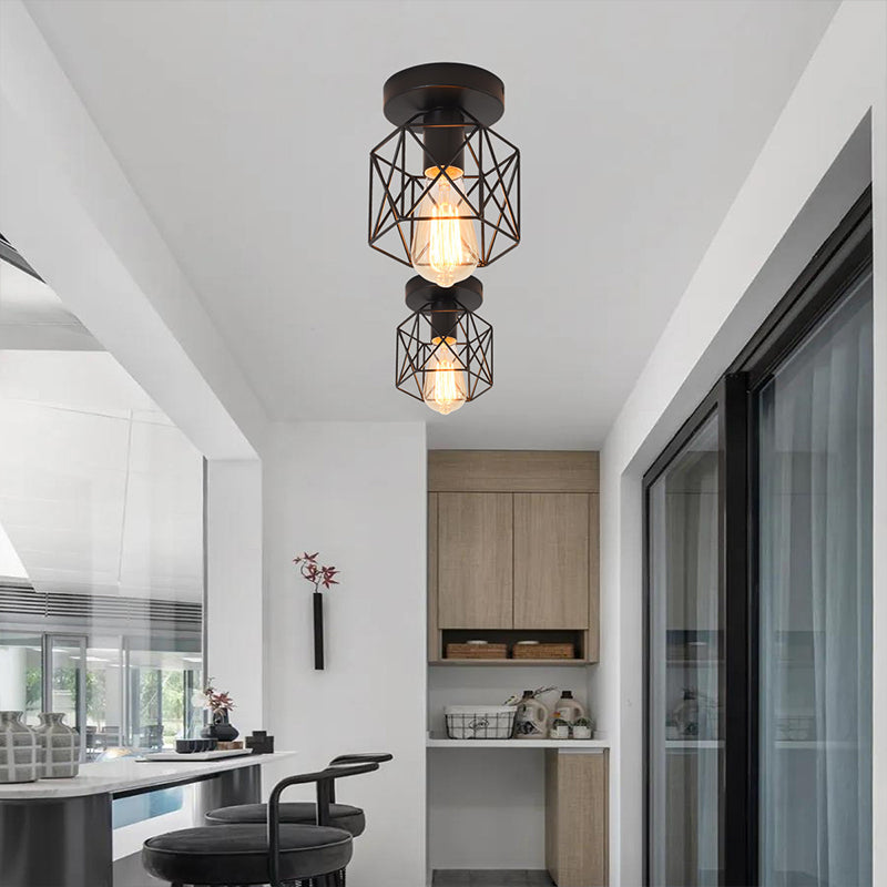 Hexagonal Balcony Ceiling Light Industrial Iron 1-Bulb Semi Flush Mount Light Fixture