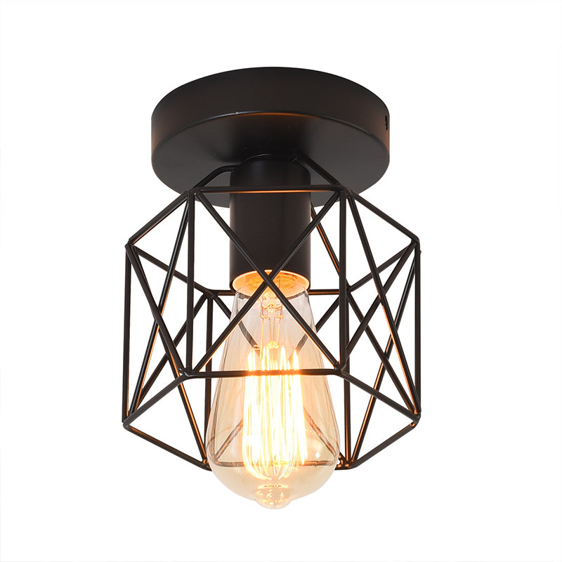 Hexagonal Balcony Ceiling Light Industrial Iron 1-Bulb Semi Flush Mount Light Fixture