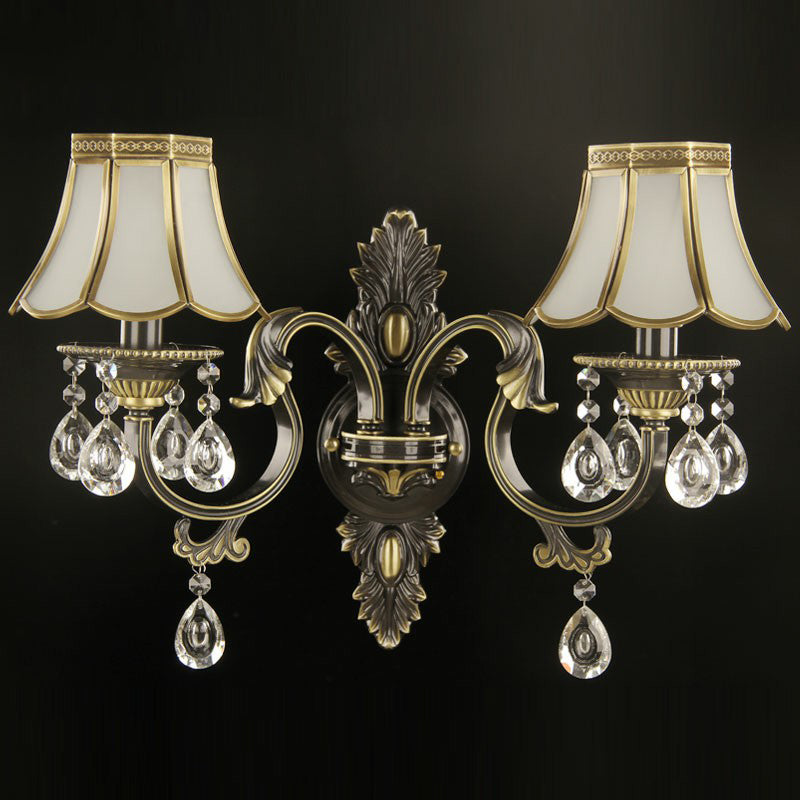 2 Heads Scalloped Wall Light Traditional Gold-Black Opal Glass Sconce Fixture with Crystal Decorations