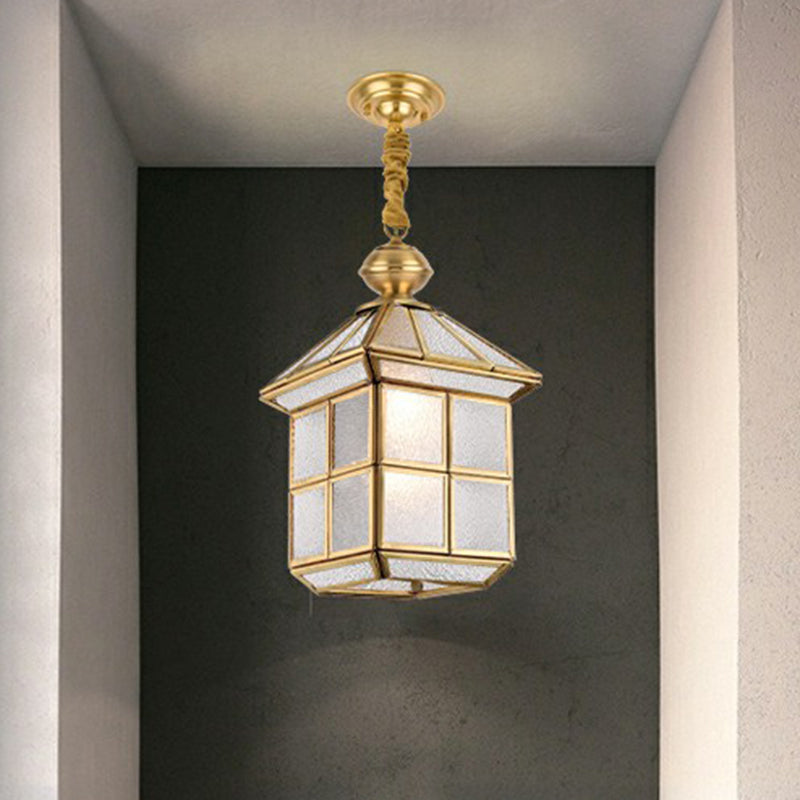 Huisvormige gang hanglamp vintage glas 1 bol messing hangende lamp