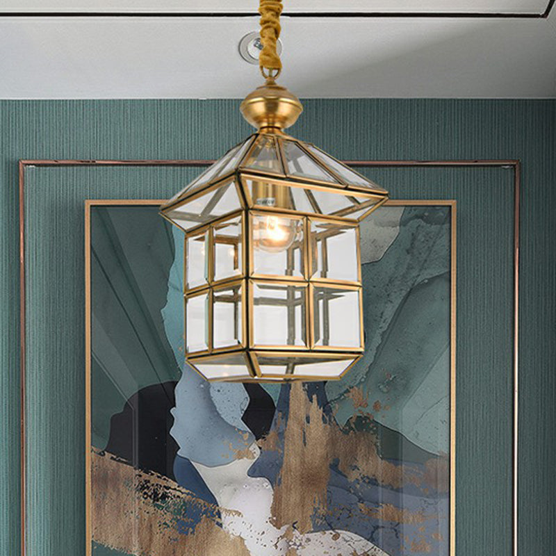 House Shaped Corridor Pendant Lamp Vintage Glass 1 Bulb Brass Hanging Light Fixture