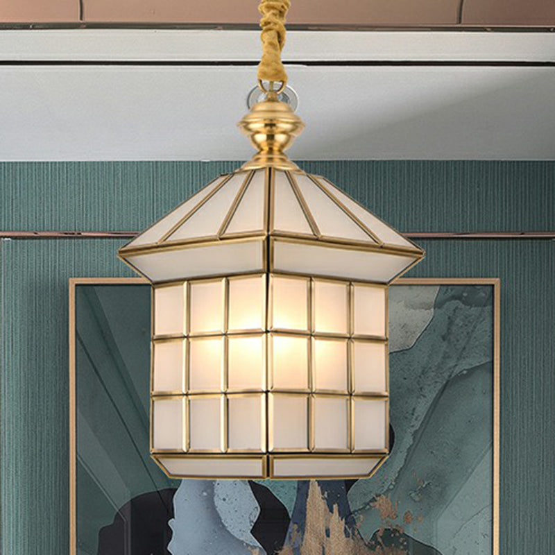 House Shaped Corridor Pendant Lamp Vintage Glass 1 Bulb Brass Hanging Light Fixture