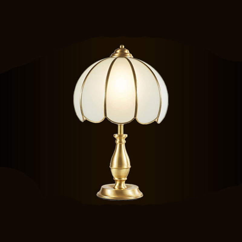 Single Nightstand Light Traditional Bedroom Table Lamp with Dome White Glass Shade in Brass