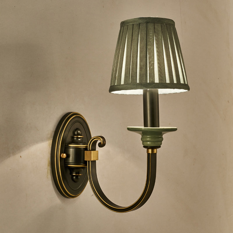 Metal Arched Wall Light Contemporary 1 Head Black Sconce with Tapered Pleated Fabric Shade