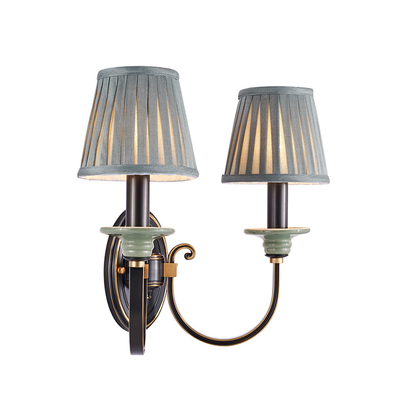 Metal Arched Wall Light Contemporary 1 Head Black Sconce with Tapered Pleated Fabric Shade