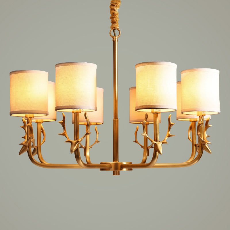 Nordic Cylindrical Chandelier Fabric Living Room Suspension Light with Antler Deco in Gold