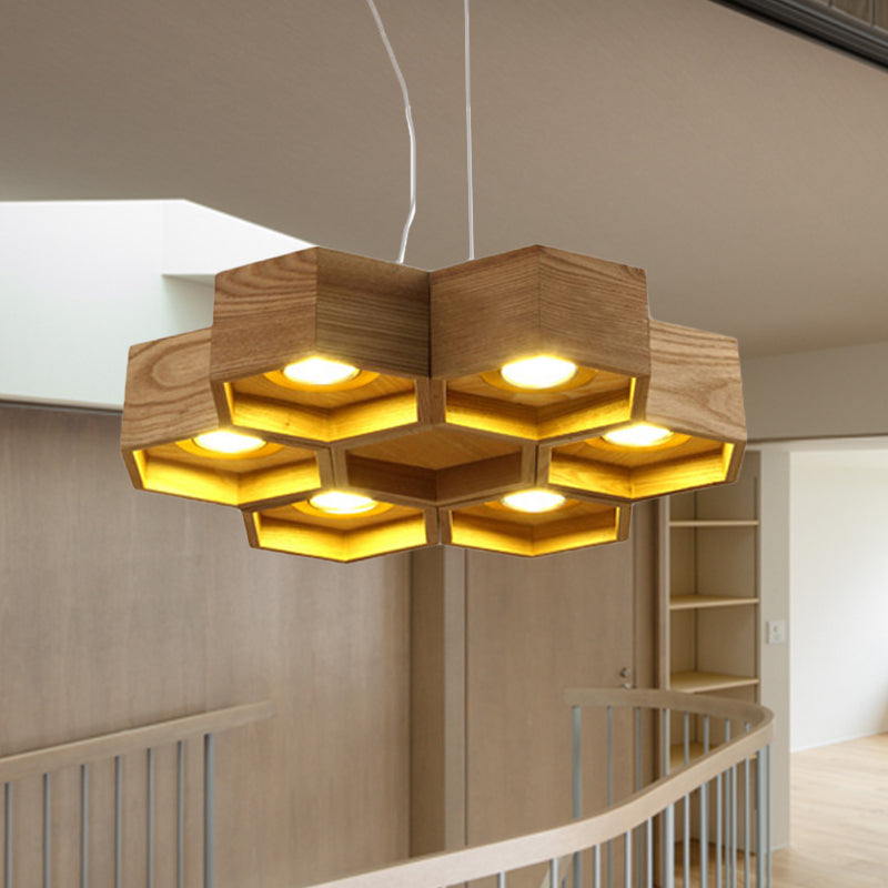Honeycomb Chandelier Pendant Light Modern Wooden 6-Light Living Room Ceiling Light Fixture