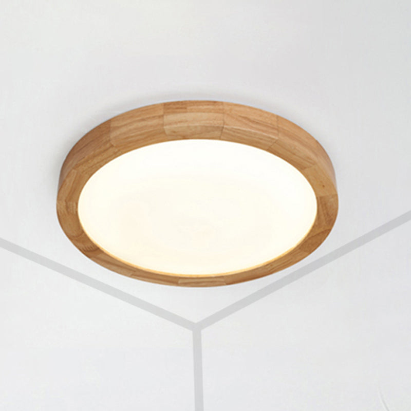 12"/16" Dia Contemporary Round Wood Flush Light Fixture Single Light Ceiling Lamp for Bedroom in Warm/White Light