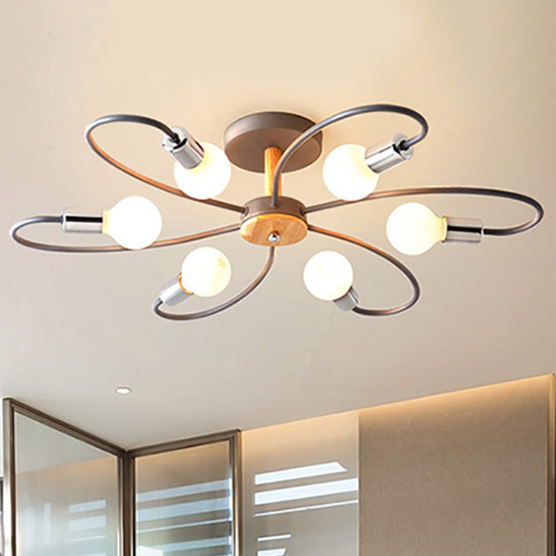 Spoutnik Lampe semi-encastrée contemporaine en métal 3/6/8 lumières Gris/vert Plafonnier semi-encastré avec bras incurvé