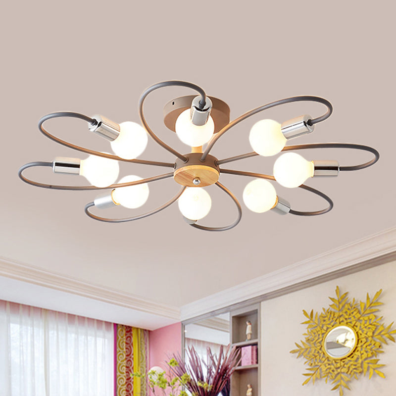 Spoutnik Lampe semi-encastrée contemporaine en métal 3/6/8 lumières Gris/vert Plafonnier semi-encastré avec bras incurvé