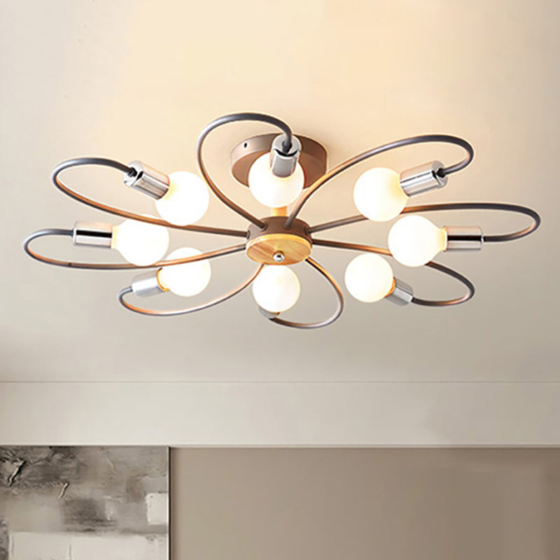 Spoutnik Lampe semi-encastrée contemporaine en métal 3/6/8 lumières Gris/vert Plafonnier semi-encastré avec bras incurvé