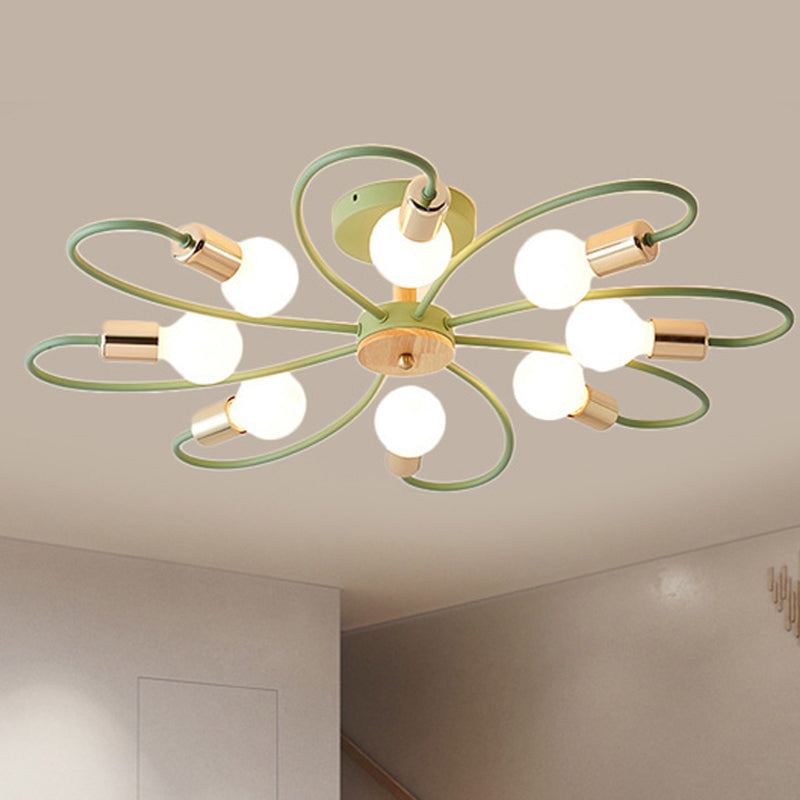 Spoutnik Lampe semi-encastrée contemporaine en métal 3/6/8 lumières Gris/vert Plafonnier semi-encastré avec bras incurvé