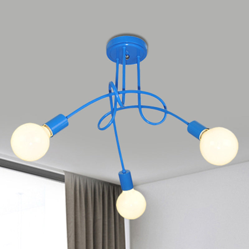 Curved Arm Semi Flush Lighting Contemporary Metal 3/5 Lights Blue/Red Semi Flush Ceiling Lamp Fixture