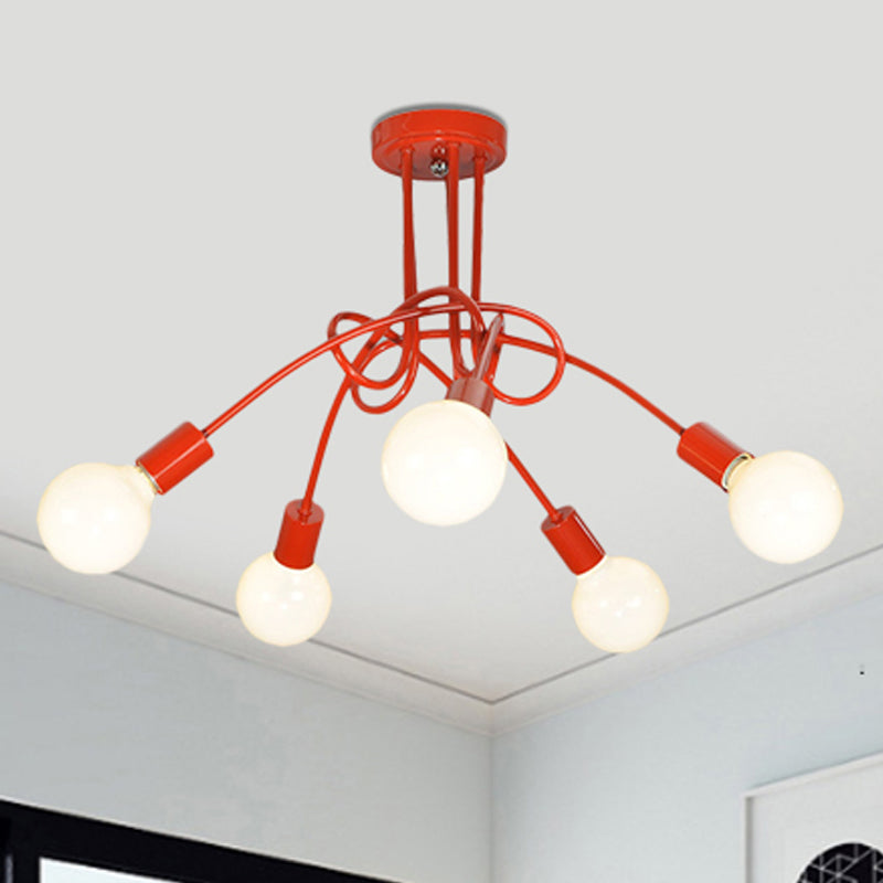Curved Arm Semi Flush Lighting Contemporary Metal 3/5 Lights Blue/Red Semi Flush Ceiling Lamp Fixture