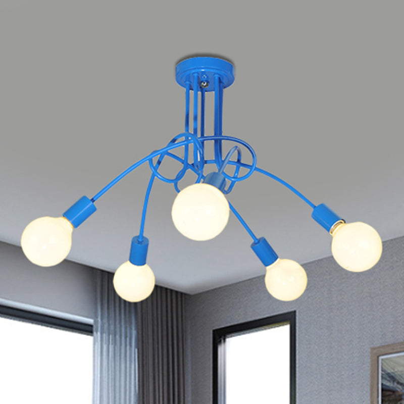 Curved Arm Semi Flush Lighting Contemporary Metal 3/5 Lights Blue/Red Semi Flush Ceiling Lamp Fixture