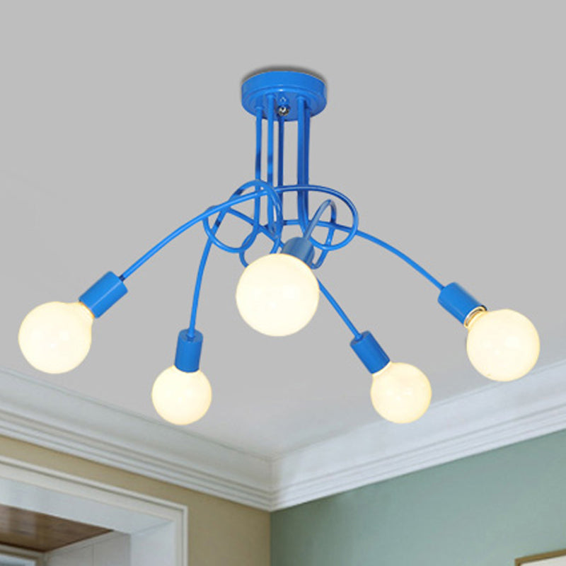 Curved Arm Semi Flush Lighting Contemporary Metal 3/5 Lights Blue/Red Semi Flush Ceiling Lamp Fixture