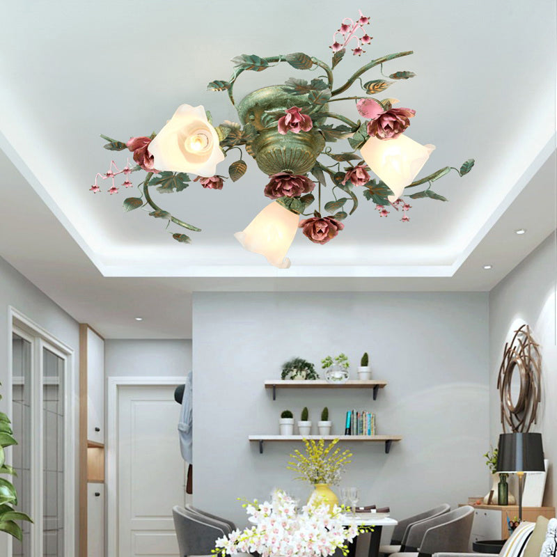 Turquoise Finish Ceiling Mounted Light Country Flower Opaline Glass Semi Flush Mount Lighting