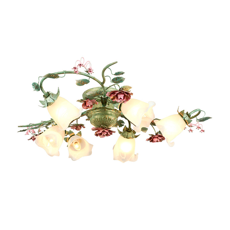 Turquoise Finish Ceiling Mounted Light Country Flower Opaline Glass Semi Flush Mount Lighting