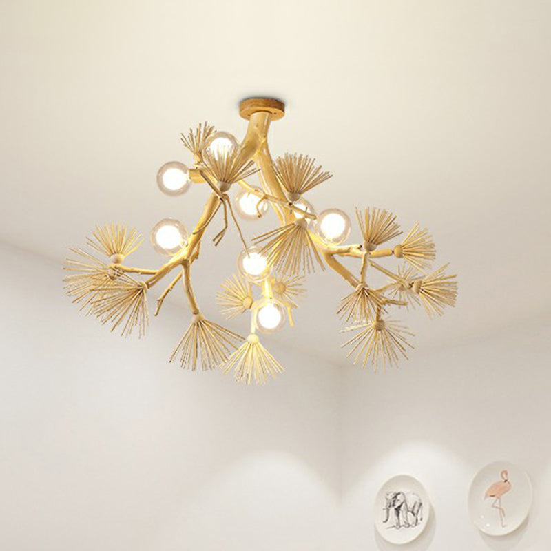 Wood Tree Branch Ceiling Light Japanese Style 8-Bulb Metal Semi Flush Mount Light for Dining Room