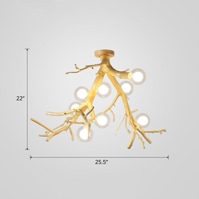 Wood Tree Branch Ceiling Light Japanese Style 8-Bulb Metal Semi Flush Mount Light for Dining Room