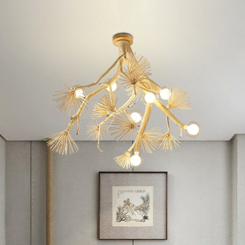 Wood Tree Branch Ceiling Light Japanese Style 8-Bulb Metal Semi Flush Mount Light for Dining Room