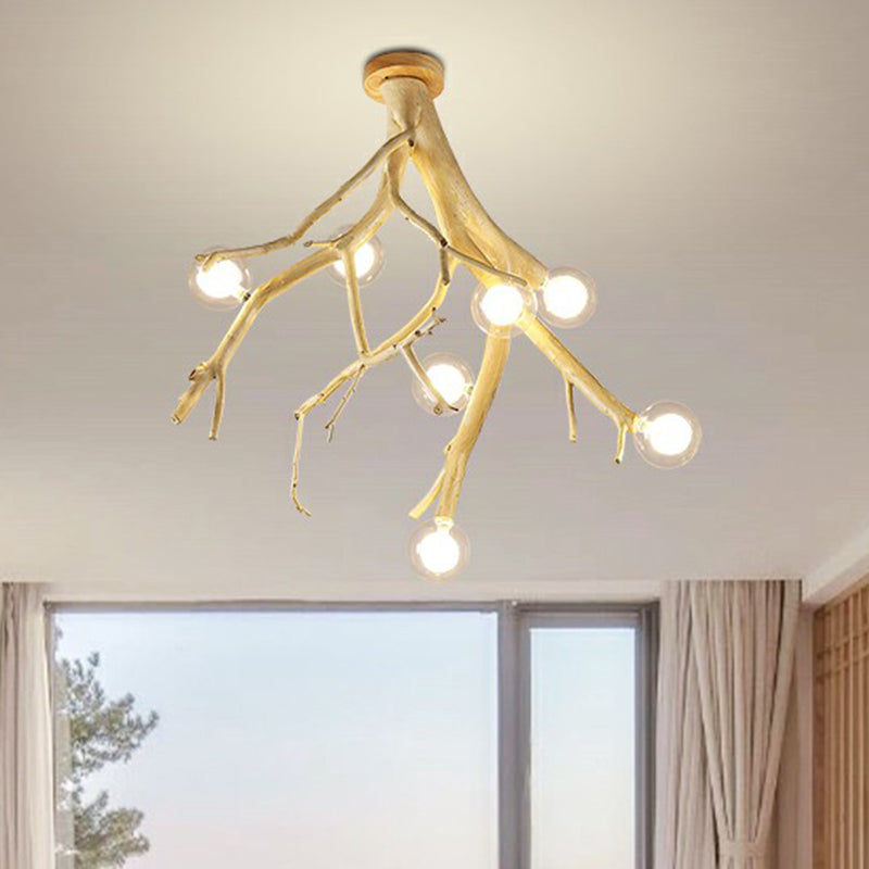 Wood Tree Branch Ceiling Light Japanese Style 8-Bulb Metal Semi Flush Mount Light for Dining Room