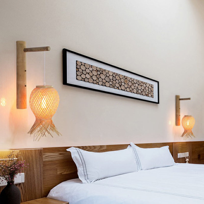 Octopus Shaped Bedside Wall Lamp Bamboo 1 Bulb Japanese Wall Light Fixture in Wood
