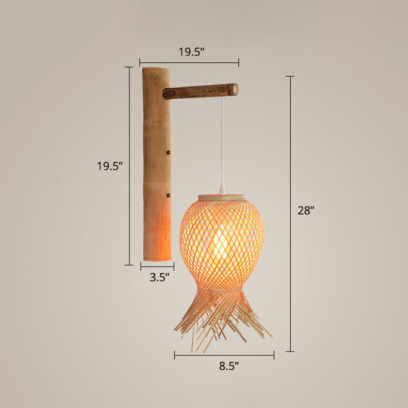 Octopus Shaped Bedside Wall Lamp Bamboo 1 Bulb Japanese Wall Light Fixture in Wood