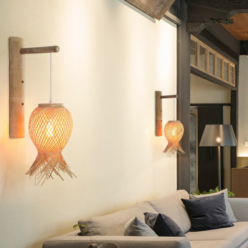 Octopus Shaped Bedside Wall Lamp Bamboo 1 Bulb Japanese Wall Light Fixture in Wood