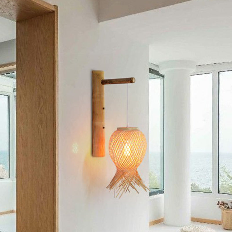 Octopus Shaped Bedside Wall Lamp Bamboo 1 Bulb Japanese Wall Light Fixture in Wood
