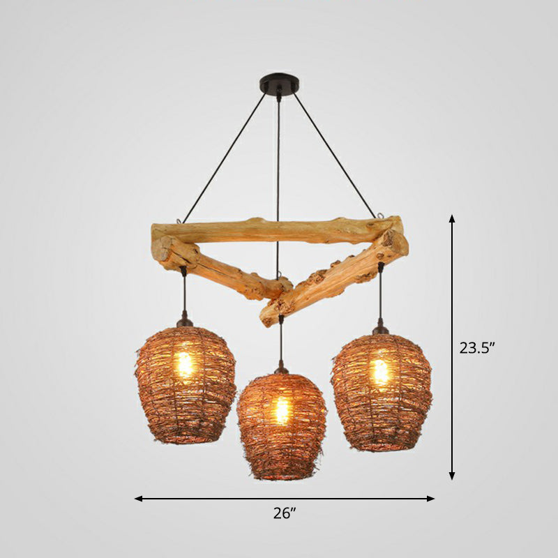 Nordic 3-Bulb Island Light Brown Branch Suspension Pendant with Wooden Shade for Bedroom