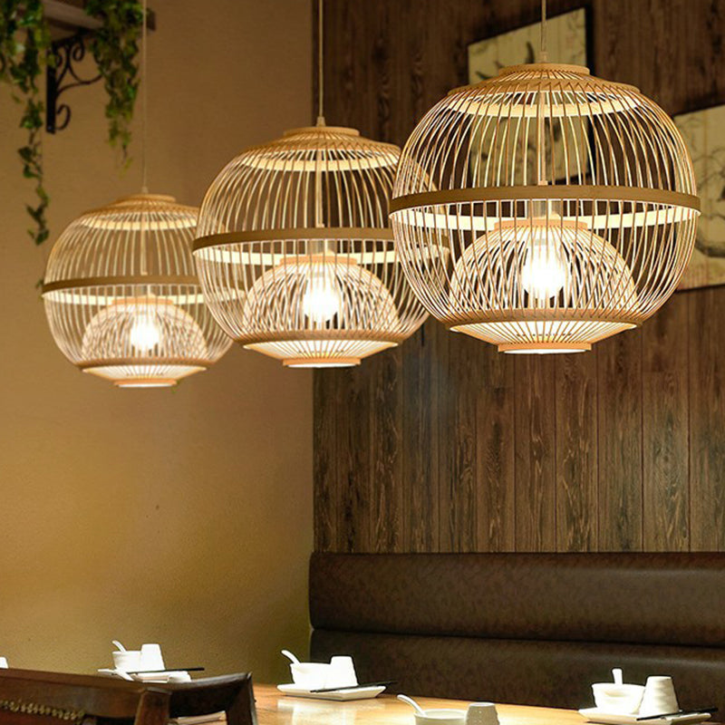 Light a sospensione a gabbia arrotondata in legno Nordic 1 testa a ciondolo in bambù per sala da pranzo