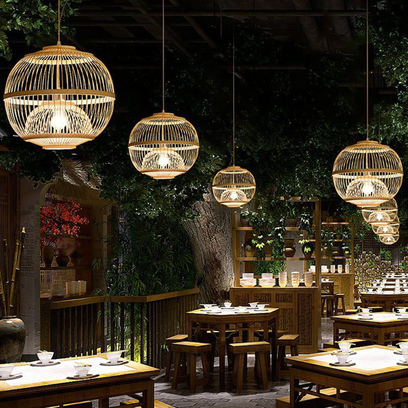 Light a sospensione a gabbia arrotondata in legno Nordic 1 testa a ciondolo in bambù per sala da pranzo