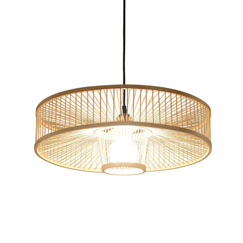 Round Pendulum Light Minimalist Bamboo Single-Bulb Bedroom Ceiling Pendant in Wood