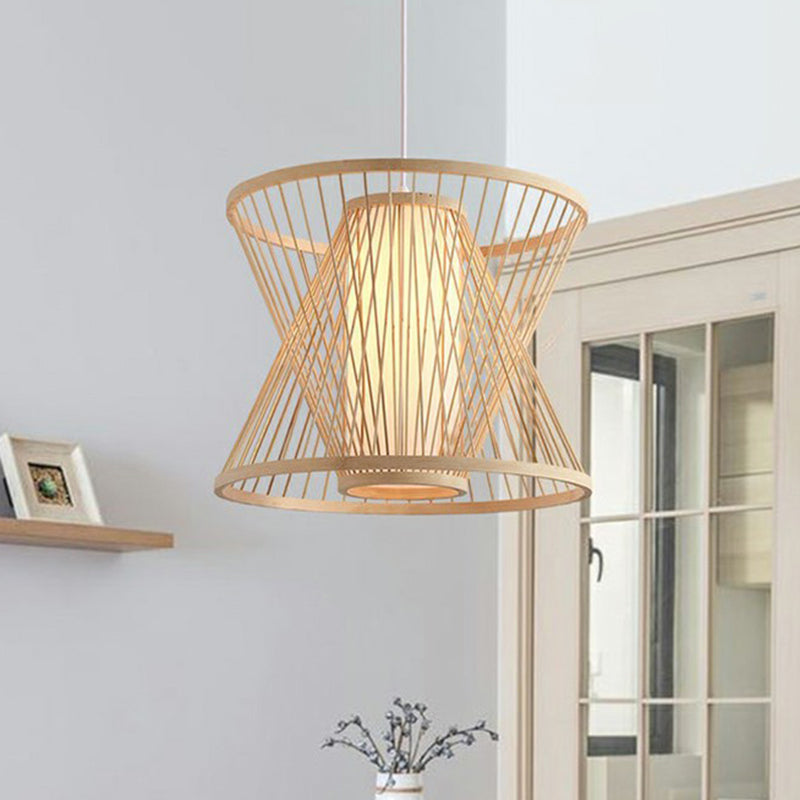 Nordic Conical Cage Hanging Light Bamboo 1-Light Dining Room Suspension Pendant Light in Wood