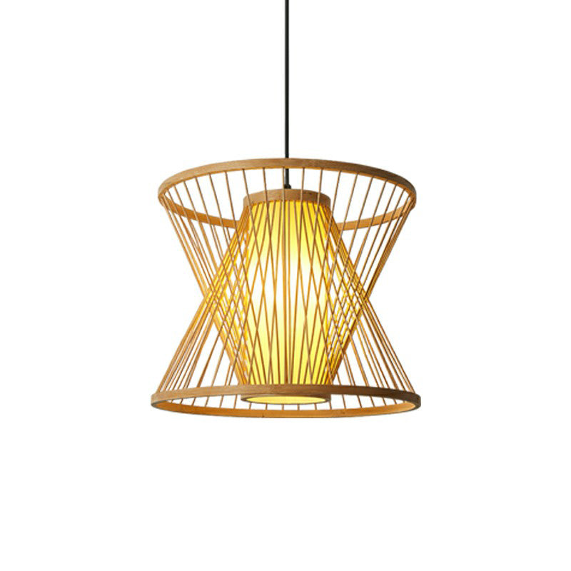Nordic Conical Cage Hanging Light Bamboo 1-Light Dining Room Suspension Pendant Light in Wood