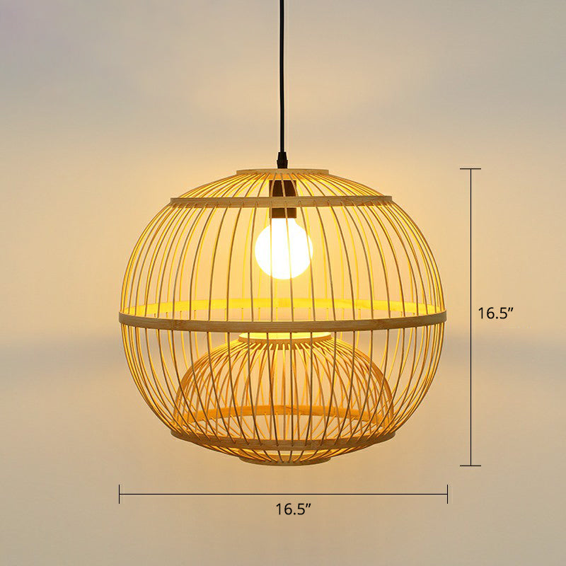 Wood Handcrafted Cage Pendant Light Asian 1 Head Bamboo Drop Lamp for Dining Room