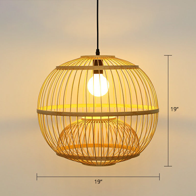 Wood Handcrafted Cage Pendant Light Asian 1 Head Bamboo Drop Lamp for Dining Room