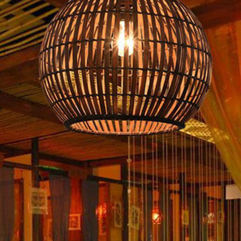 Coffee Cage Suspension Light Chinese Style 1-Light Bamboo Pendant Lighting Fixture