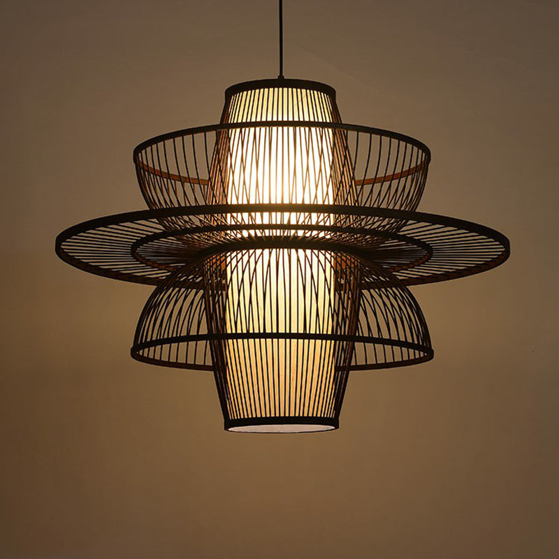 Coffee Cage Suspension Light Chinese Style 1-Light Bamboo Pendant Lighting Fixture