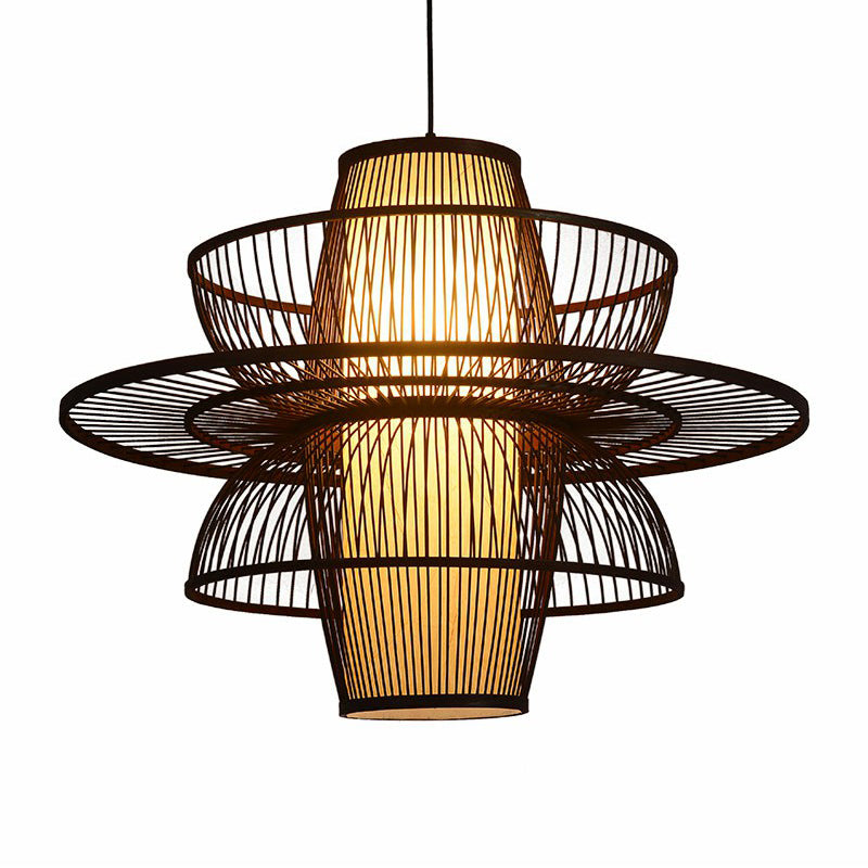Coffee Cage Suspension Light Chinese Style 1-Light Bamboo Pendant Lighting Fixture