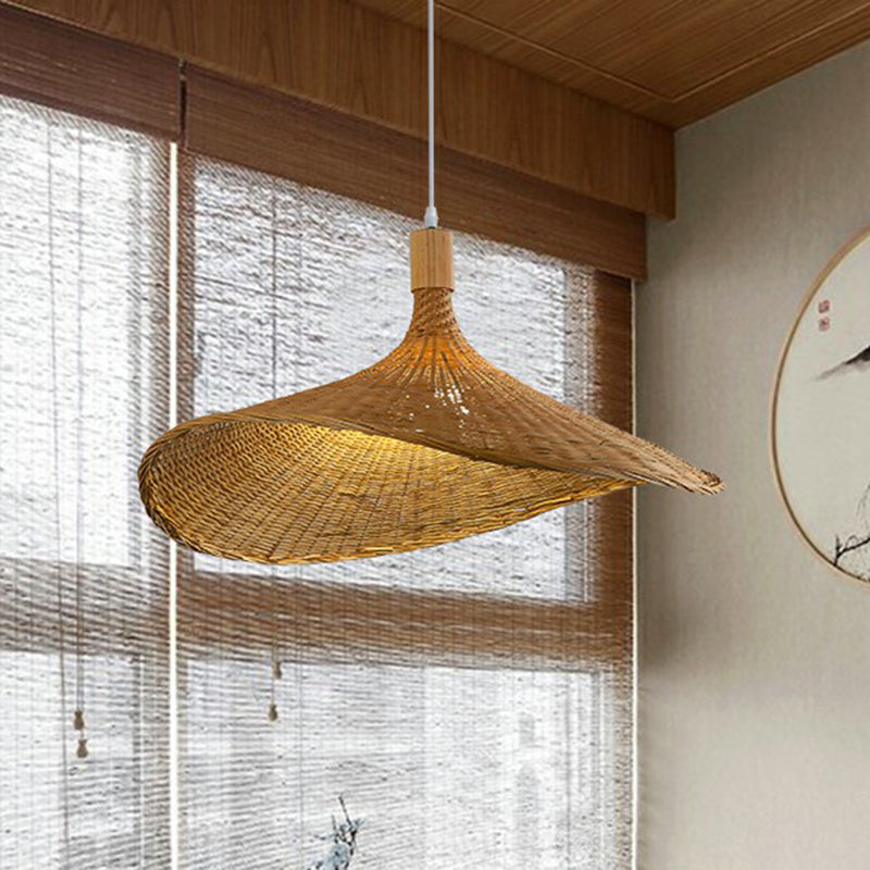 Hat Shaped Pendant Lighting Fixture Asian Bamboo 1-Light Wood Hanging Lamp for Tearoom
