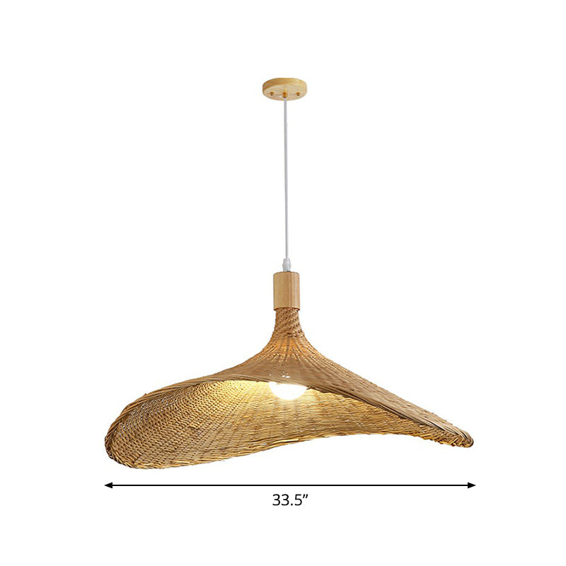 Hat Shaped Pendant Lighting Fixture Asian Bamboo 1-Light Wood Hanging Lamp for Tearoom